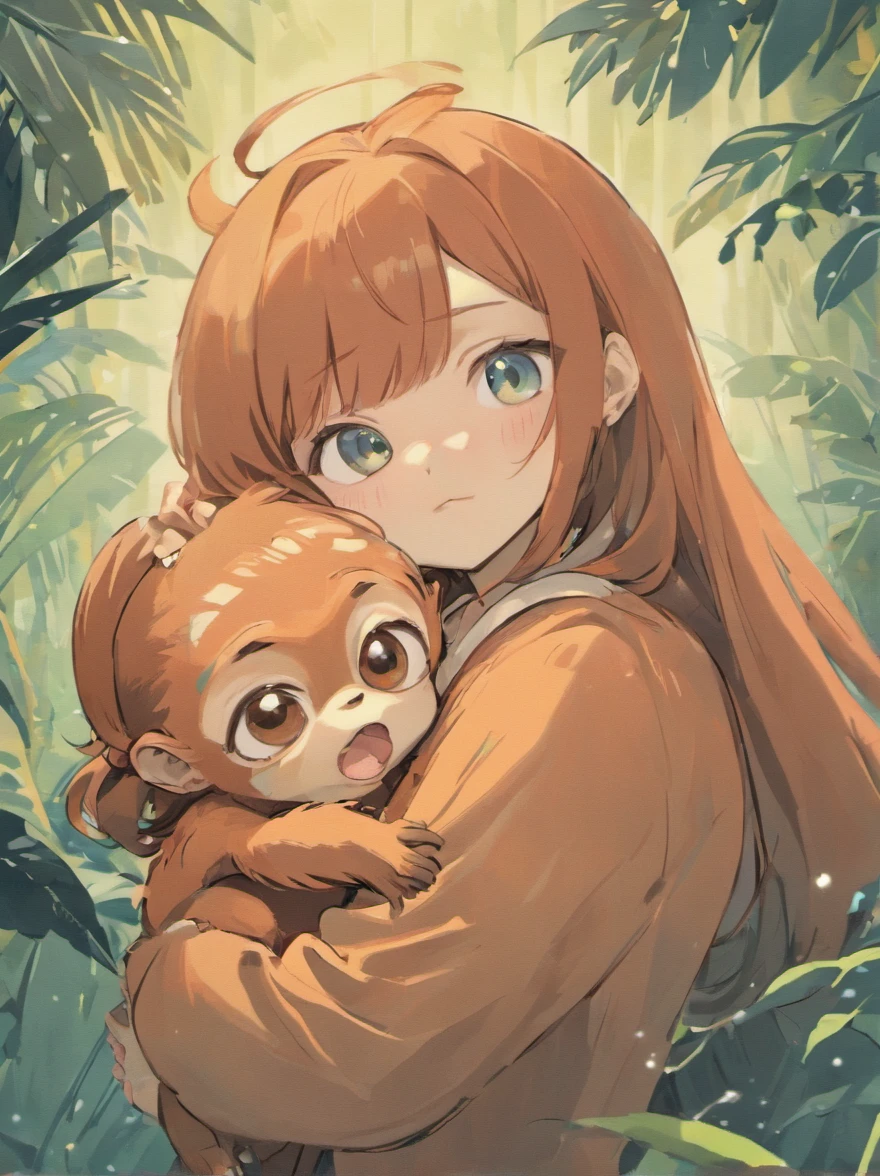 A little super cute girl with a bow in her hair, holding a baby (((orangutan))) in her arms. The illustration is done in a soft pastel blue color scheme, giving it a dreamy and whimsical feel. The girl is dressed in a cool and stylish outfit, with hints of neon and futuristic elements. The orangutan is portrayed with big, soulful eyes and a playful expression. The overall mood is heartwarming and endearing, appealing to both children and adults alike.