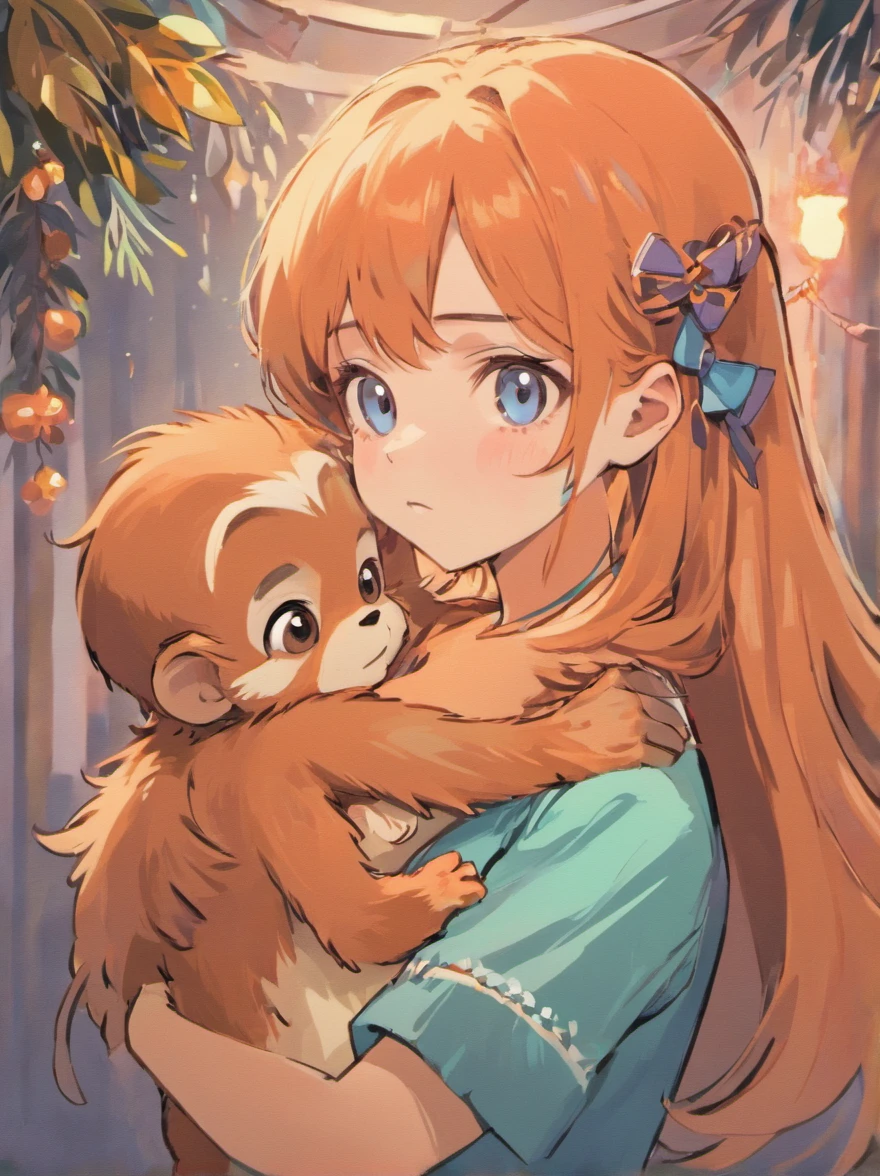 A little super cute girl with a bow in her hair, holding a baby (((orangutan))) in her arms. The illustration is done in a soft pastel blue color scheme, giving it a dreamy and whimsical feel. The girl is dressed in a cool and stylish outfit, with hints of neon and futuristic elements. The orangutan is portrayed with big, soulful eyes and a playful expression. The overall mood is heartwarming and endearing, appealing to both children and adults alike.