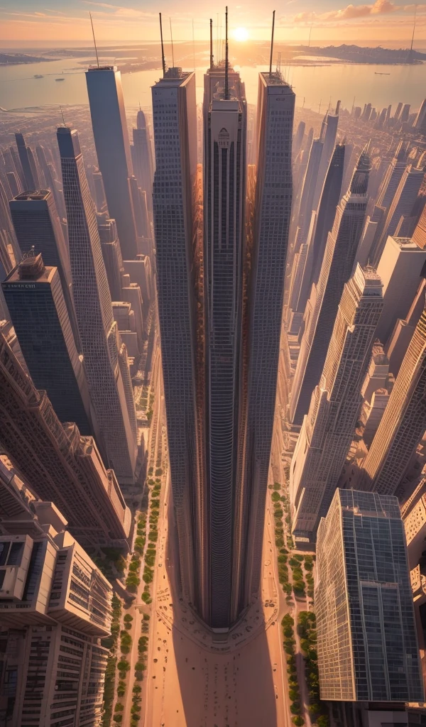 (ultra realista, 8K, great colors and lighting) cidade muito grande, cidade linda, kilometer-high buildings, de dia, nascer do sol, Amazing lighting, amazing beautiful city, futurista, cidade perfeita