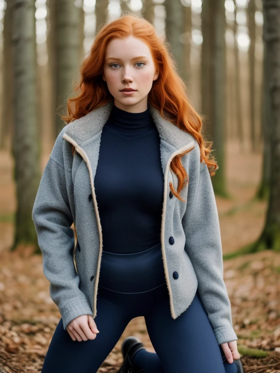 (1girl in, 22, Solo, Aesthetic artwork, irish redhead, wavy ginger hair, shoulder length ginger hair, light grey eyes, some small freckles, pale skin, C-cup, small breasts, runners body, (textured skin, skin pores:1.1), (moles:0.8), imperfect skin, goosebumps, (wearing cozy jacket, navy blue:1.2), (wearing leggings, gray:1.2), empty trees, early winter, no snow, blury background, (action shot, kneeling, 1.25), (extremely detailed 8k wallpaper), (hard lighting), high quality, film grain, Fujifilm XT3 sharp focus, f 5.6, 50mm, High Detail, Sharp focus, (natural light), crazy details, complex details, hyperdetailed