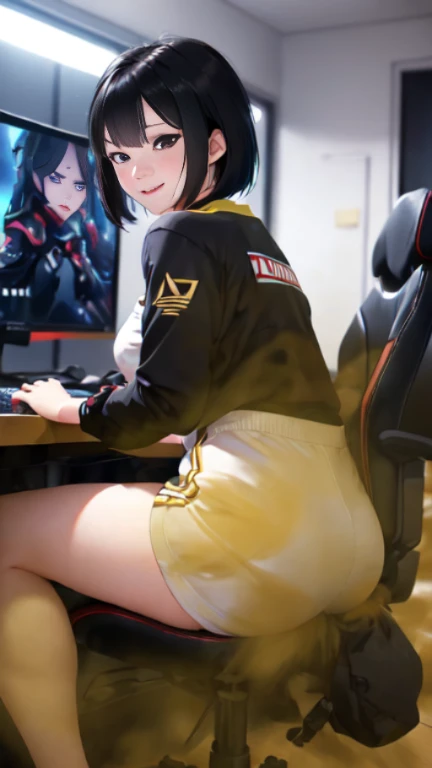 ((velocity)),Attacked by farts, (((Women farting))),(girl farting while seat on seat and playing game on smartphone)),smiled,blushing,velocity,(a female pro player), (wearing a pro player uniform),(sit facing the screen),(her buttt facing the screen) (short hair black hair),(Asian woman),(gaming tournament),(masterpiece:1.2、top-quality)、(the Extremely Detailed CG Unity 8K Wallpapers、ultra-detailliert、Best Shadows)、(细致背景)、(The best lighting、extremely delicate and beautiful)、depth of fields、1girl in、独奏、upward looking gaze、