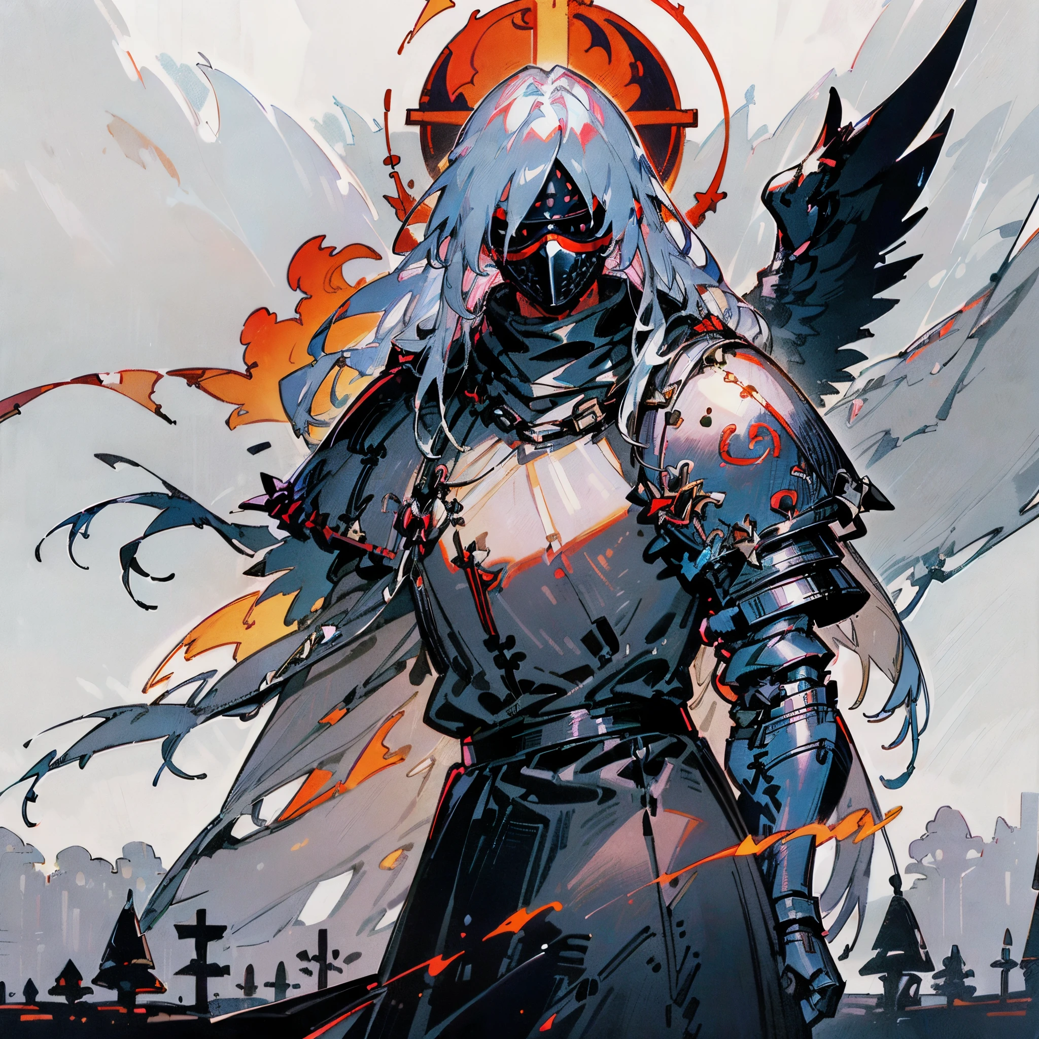 (portraite of a), ((beste-Qualit, hight resolution, ultradetailed), bright colours, ((((1 male)))), grown up, tall muscular guy, wide shoulders, Fantasy, dnd, Aasimar, person, the angel of death, black wings, White Smooth Face Mask, ((face mask)), Mask on the whole face, Hides Eyes, hides the face, White long hair, white colored hair, slick hair, straight hair, Chain mail, chain mail armor, Fantasy armor, cinematic composition, Creating an atmospheric atmosphere, knight, paladin, PaladinOathbreaker, Gothic armor, Full-length portrait of a mysterious knight, Wearing heavy armor, pale skin, macabre, Gloomy design, Has red smoke and aura, evil knight, Fallen Knight, eldritch, Creepy, nightmarish, Epic Angel Wings, light around the head, red torn cloak, Additional lighting, whitebackground