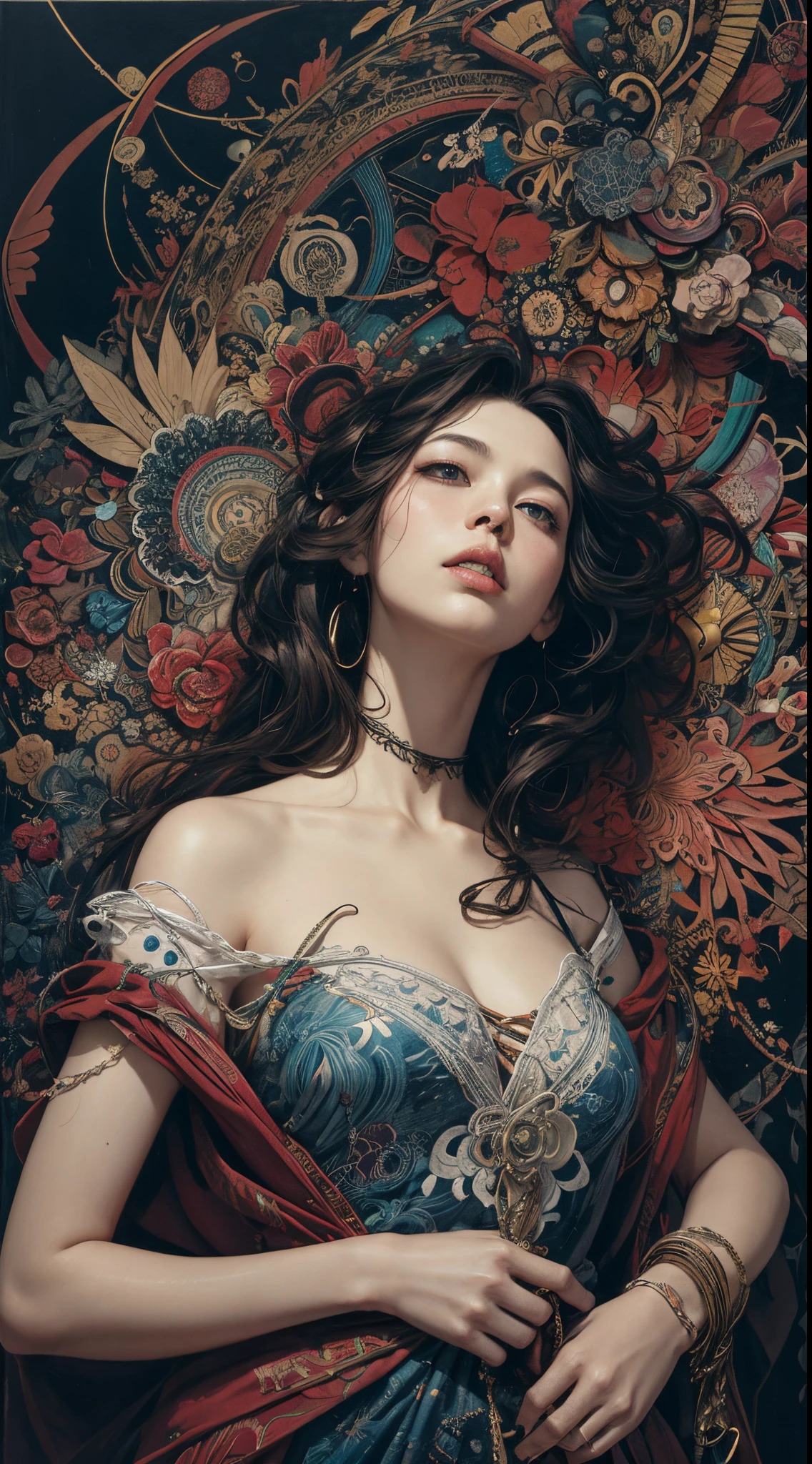 (colorful flowers background, White lace clothes, Glossy Red lips, best quality,ultra-detailed,physically-based rendering:1.2), realistic,portrait,beautiful young woman with long wavy hair and mesmerizing eyes,delicate facial features . ((tongue playfully licking finger, fingers delicately holding in mouth)),subtle expression of pleasure and anticipation,romantic atmosphere, (close-up shot of sensual lips),subtle blush on cheeks,sensual and sophisticated,gentle and alluring gaze. full of flowers covering girl's body, (extra fingers:-0.9, not Detailed finger:-0.9), Overflowing, ((nipple:-0.9)) .