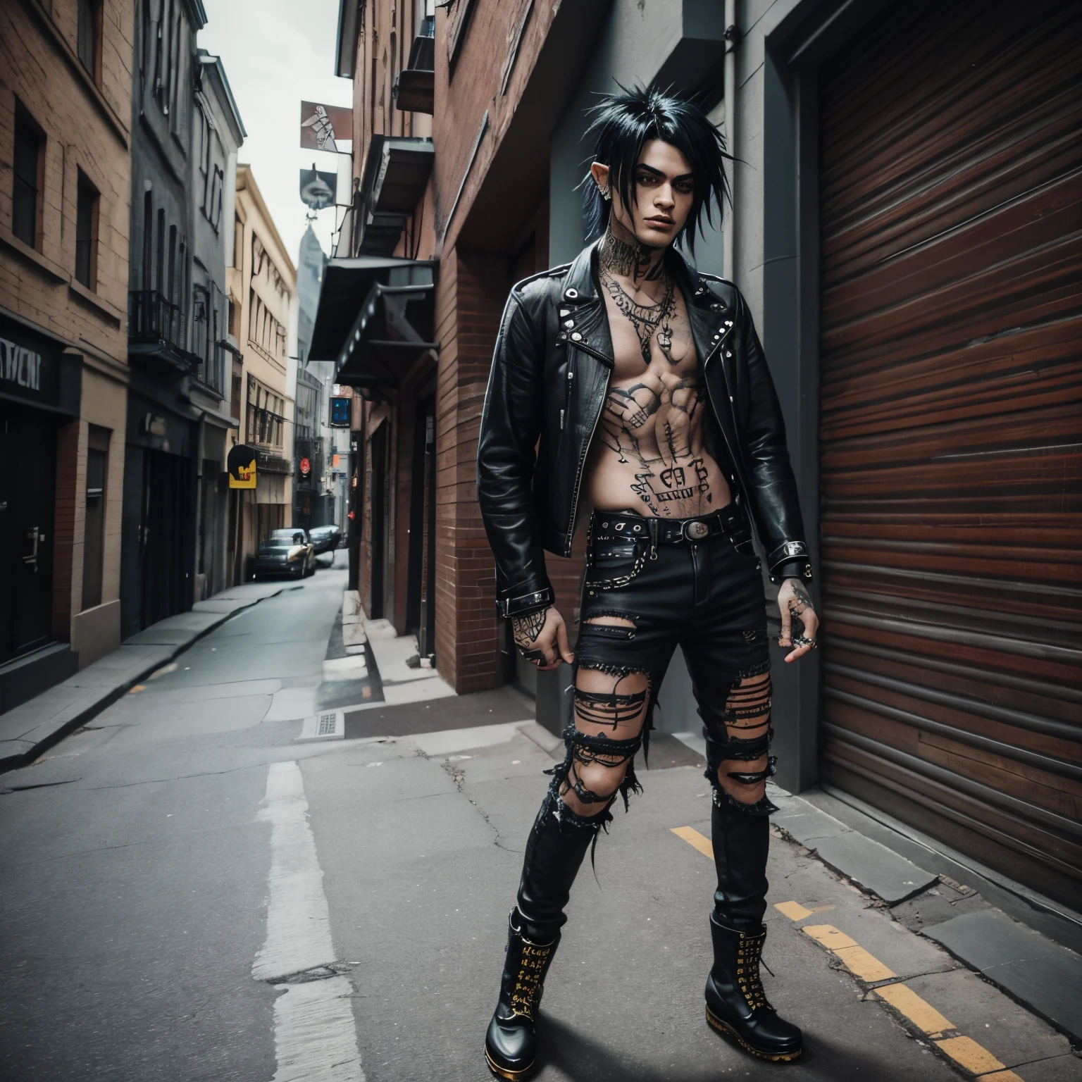 Riff, the slim orc, rocks a rebellious vibe with wild black hair and ripped skinny jeans. Adorned with tattoos, he strides confidently in his beloved Doc Martens, the epitome of an emo punk rocker.
