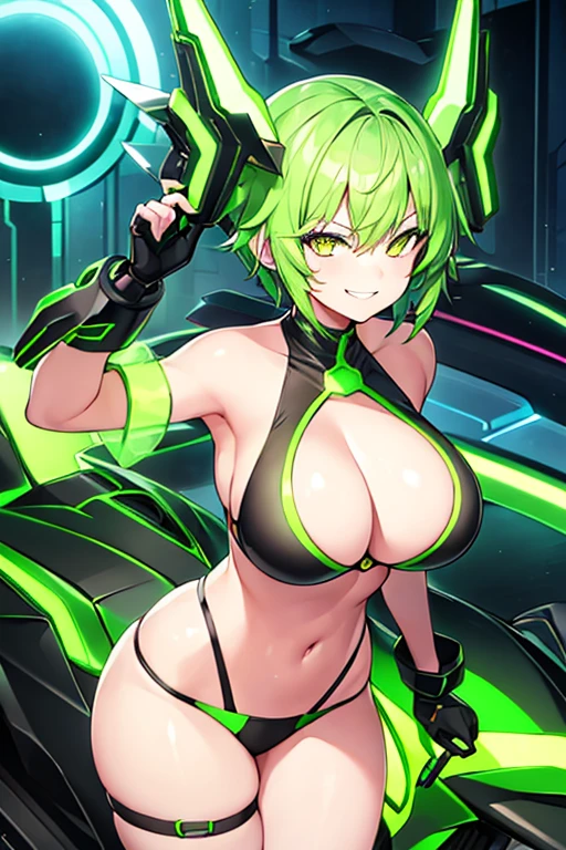 1girl, large breasts, green hair, very short hair, short hair, yellow eyes, bikini, black bikini, neon trim, green neon trim, smile, smirk, smug, futuristic, science-fiction, tech, shoes, sneakers, green neon trim, green trim, v-string, morotcycle, motor vehicle