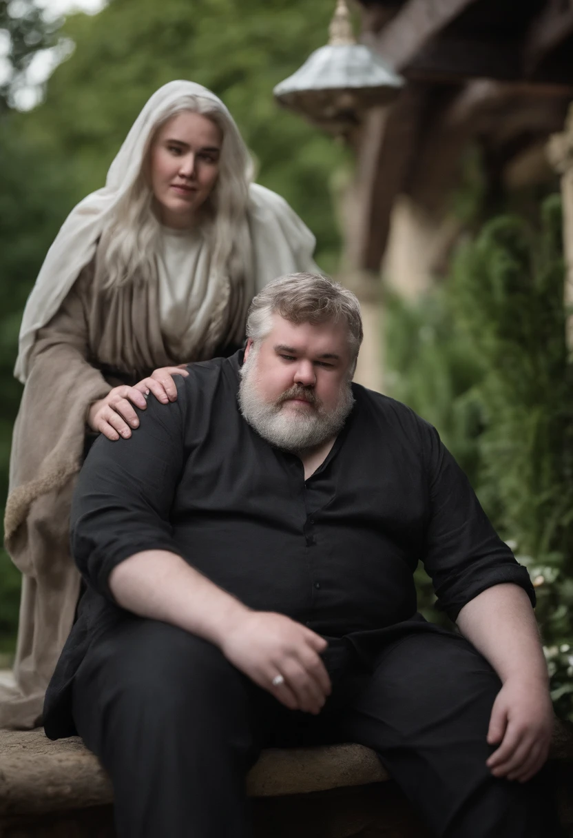 A photo of Hodor and Bran Stark enjoying a peaceful evening stargazing in the courtyard,Game of Thrones,Hodor, a beloved character from “Game of Thrones,” is notable for his towering height and robust build, giving him a gentle giant appearance. He has a simple, kind face, often marked by a look of confusion or contentment, and his clothing is typically plain and functional, suited to his role as a stable boy. , male