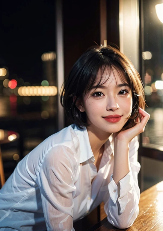 (8k, best quality, masterpiece: 1.2), (realistic, photo-realistic: 1.37), ultra-detailed, 1 girl, cute, solo, beautiful detailed sky, detailed cafe, night, sitting, date , (blushing nose), (smile: 1.15), (mouth closed) small breasts, beautiful detailed eyes, (collar shirt: 1.1), night, wet, business attire, rain, white lace, (short hair : 1,2), NovaFrogStyle floating hair,