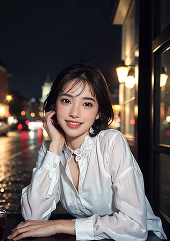 (8k, best quality, masterpiece: 1.2), (realistic, photo-realistic: 1.37), ultra-detailed, 1 girl, cute, solo, beautiful detailed sky, detailed cafe, night, sitting, date , (blushing nose), (smile: 1.15), (mouth closed) small breasts, beautiful detailed eyes, (collar shirt: 1.1), night, wet, business attire, rain, white lace, (short hair : 1,2), NovaFrogStyle floating hair,