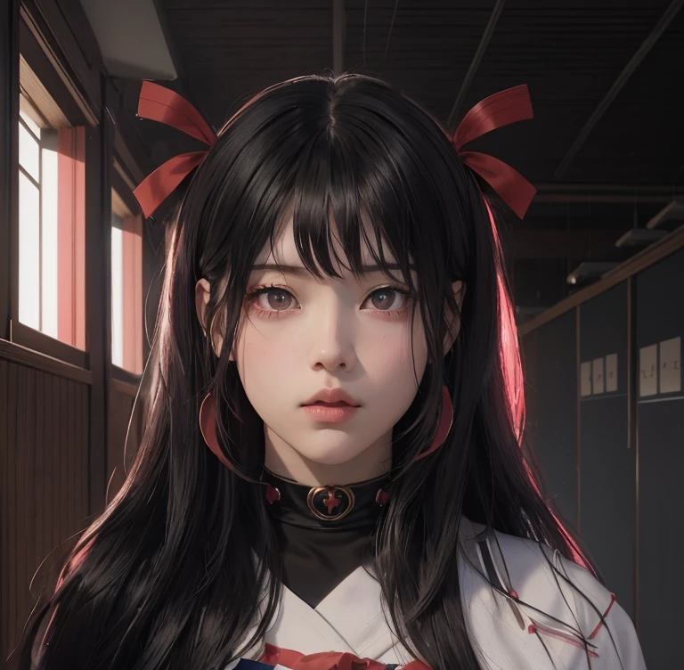 Chica anime con cabello largo y negro, lazos de color rojos sobre su cabello,  realistic anime artstyle, Hermoso retrato de anime, Impresionante retrato de cara de anime, sus ojos son de color rojo, iris color rojo,  piel palida, boca rosada, mirada profunda, lleva un uniforme de japones de esculela color negro, japonesa, obra de arte, dream lighting, aula de clases, mirada profunda