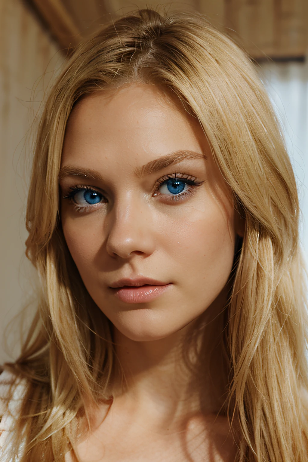 ein Blickkontakt mit blonden Haaren und blauen Augen