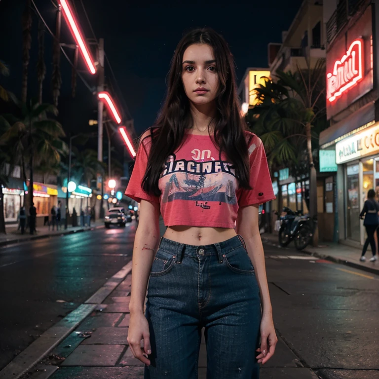 sidewalks filled with trees and bright neon lights. (La mejor calidad, Altas Resoluciones), vivid colors, realista, Arte conceptual, Retratos, Cabello ????? largo y lacio, Pale skin, blusa roja, pantalones azules, andante, Calle urbana, trees, Neon lights.