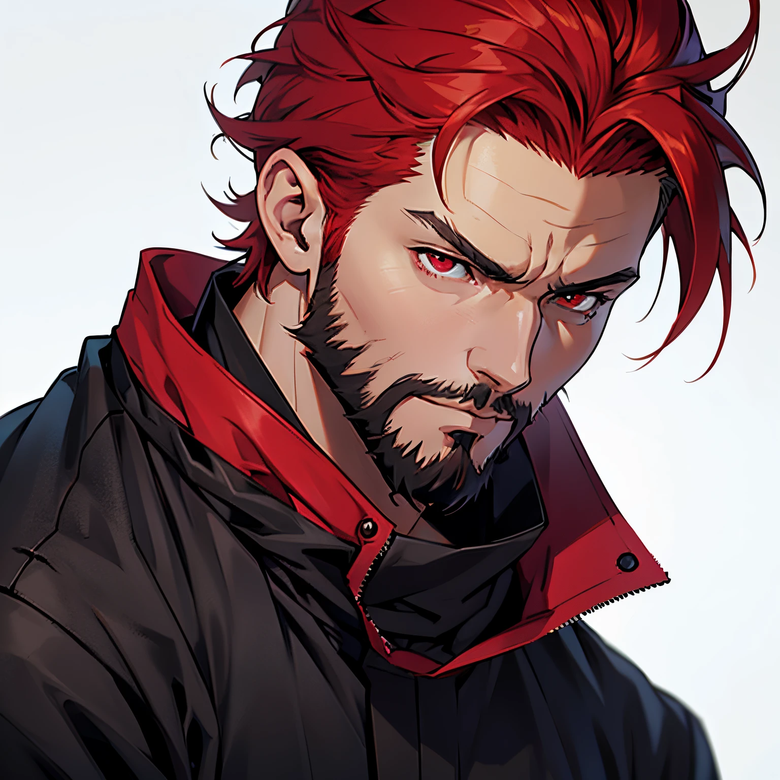 anime image of an adult man with red hair and dark red eyes, short hair, full beard, 1man, solo man, male anime character, head shot, close up shot, simple background, ninja clothing, japanese clothing, dark clothing