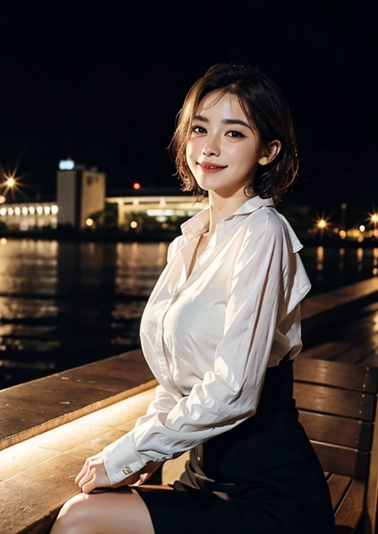 (8k, best quality, masterpiece: 1.2), (realistic, photo-realistic: 1.37), ultra-detailed, 1 girl, cute, solo, beautiful detailed sky, detailed cafe, night, sitting, date , (blushing nose), (smile: 1.15), (mouth closed) small breasts, beautiful detailed eyes, (collar shirt: 1.1), night, wet, business attire, rain, white lace, (short hair : 1,2), NovaFrogStyle floating hair,