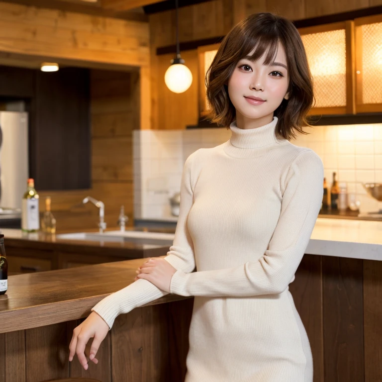 nude、japanese 2 girls, Drinking beer at the counter of a standing bar.Yakitori and small bowls are arranged on plates on the counter., (Wearing a turtleneck oversized knit dress), (photoshoot style, Shooting from front, Upperney Statue, body facing forward), 26 years old, (toned body type:1.2, Tall Height 5.35 feet), (normal breast :1.2, Hemispherical chest silhouette:1.2), little smiling, Perorbital swelling, Brown fluffy and wavy short-cut hair, Natural bangs, detailed brown eyes, Detailed finger, Suppin, No Make, (Photorealsitic:1.4), (High-resolution details of human skin texture:1.2, Rough skin:1.2, Uneven skin tone:1.6, Skin texture must be natural:1.1), top-quality, masterpiece, High resolution, Raw photo, natural soft light, Professional Lighting