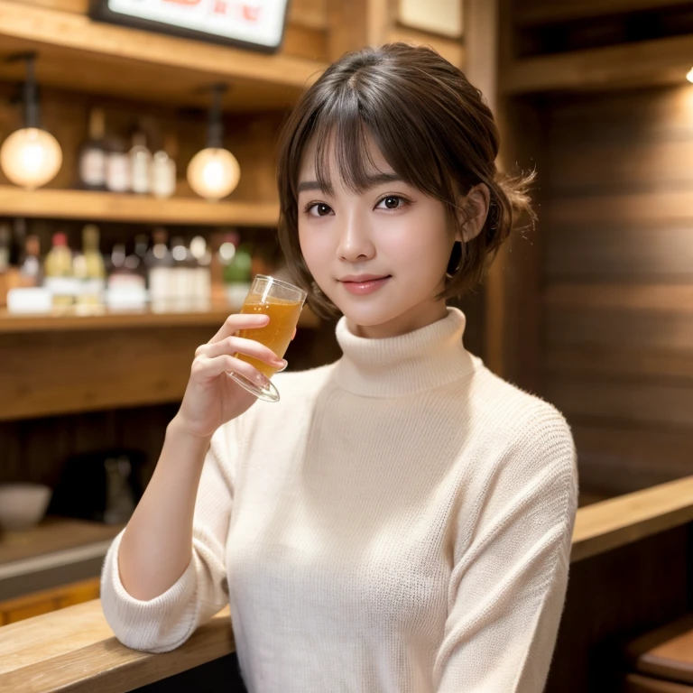 nude、japanese 2 girls, Drinking beer at the counter of a standing bar.Yakitori and small bowls are arranged on plates on the counter., (Wearing a turtleneck oversized knit dress), (photoshoot style, Shooting from front, Upperney Statue, body facing forward), 26 years old, (toned body type:1.2, Tall Height 5.35 feet), (normal breast :1.2, Hemispherical chest silhouette:1.2), little smiling, Perorbital swelling, Brown fluffy and wavy short-cut hair, Natural bangs, detailed brown eyes, Detailed finger, Suppin, No Make, (Photorealsitic:1.4), (High-resolution details of human skin texture:1.2, Rough skin:1.2, Uneven skin tone:1.6, Skin texture must be natural:1.1), top-quality, masterpiece, High resolution, Raw photo, natural soft light, Professional Lighting