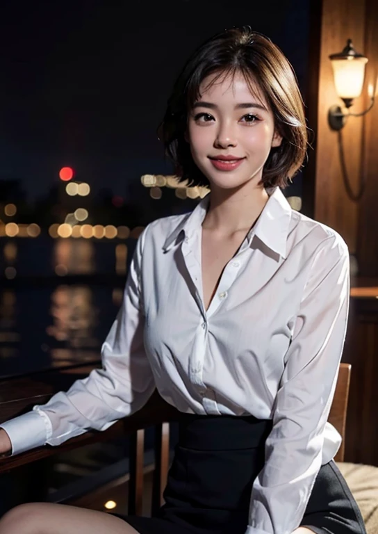 (8k, best quality, masterpiece: 1.2), (realistic, photo-realistic: 1.37), ultra-detailed, 1 girl, cute, solo, beautiful detailed sky, detailed cafe, night, sitting, date , (blushing nose), (smile: 1.15), (mouth closed) small breasts, beautiful detailed eyes, (collar shirt: 1.1), night, wet, business attire, rain, white lace, (short hair : 1,2), NovaFrogStyle floating hair,