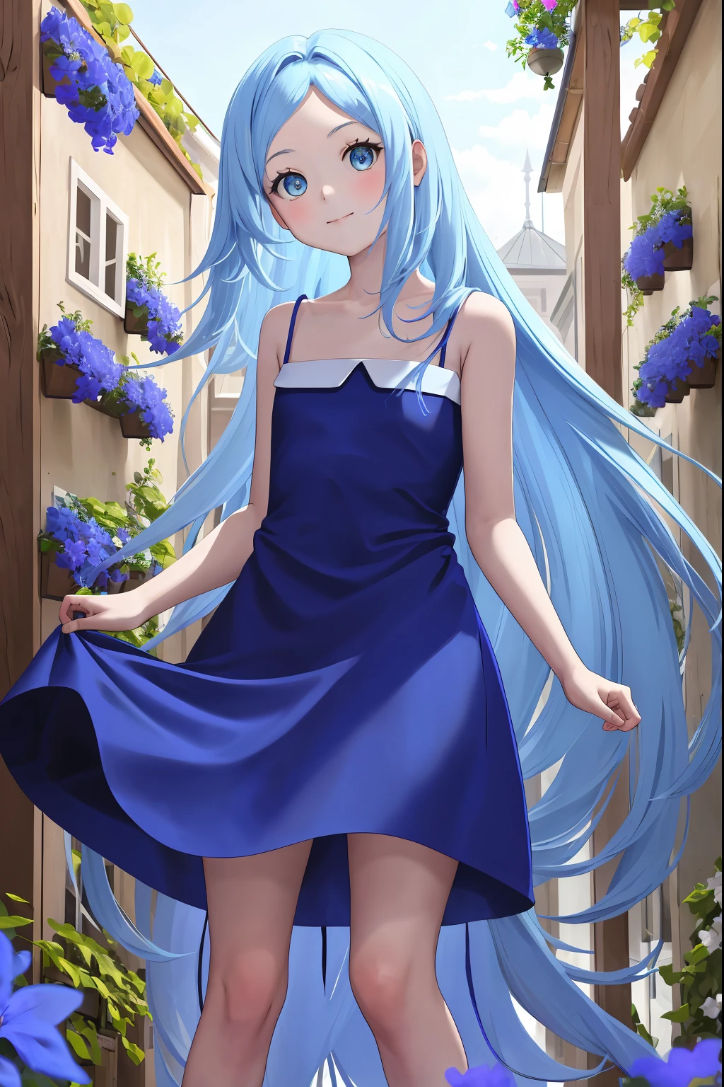 masterpiece, best quality, highres, 1girl, blue dress sleeveless dress bare shoulders arms behind back, leaning forward garden with blue flowers