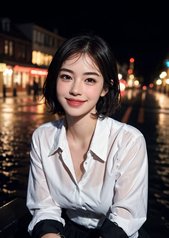 (8k, best quality, masterpiece: 1.2), (realistic, photo-realistic: 1.37), ultra-detailed, 1 girl, cute, solo, beautiful detailed sky, detailed cafe, night, sitting, date , (blushing nose), (smile: 1.15), (mouth closed) small breasts, beautiful detailed eyes, (collar shirt: 1.1), night, wet, business attire, rain, white lace, (short hair : 1,2), NovaFrogStyle floating hair,