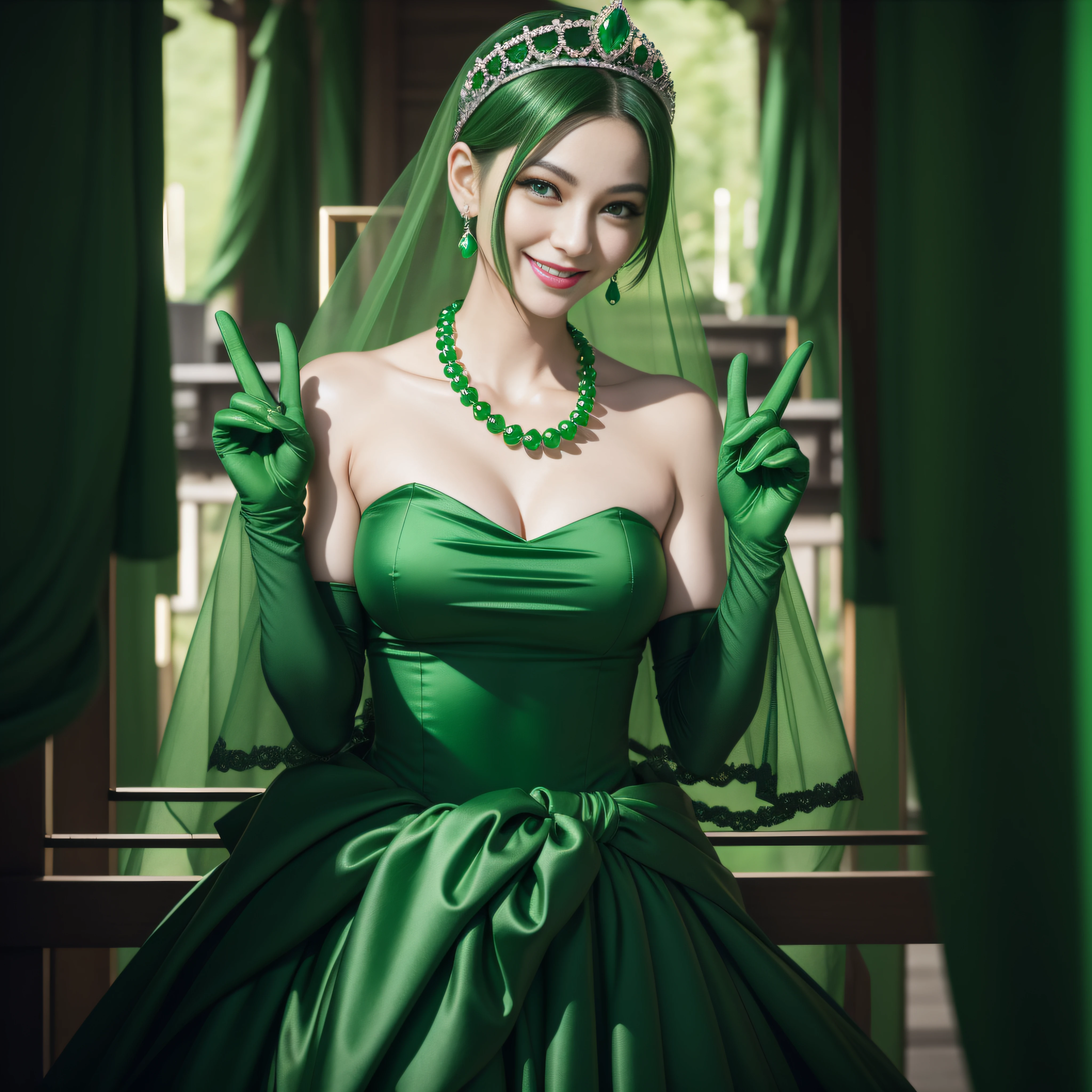 emerald tiara, Green Pearl Necklace, Boyish very short green hair, lipsticks, Japan woman smiling, very short short hair, big breasts beautiful, Green eyes, Long green gloves made of satin material, Green eyes, Emerald Earrings, green vale, v sign