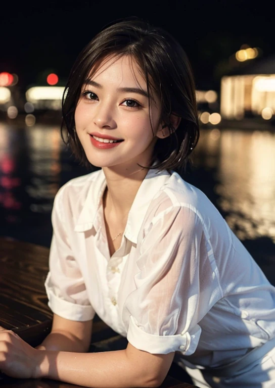 (8k, best quality, masterpiece: 1.2), (realistic, photo-realistic: 1.37), ultra-detailed, 1 girl, cute, solo, beautiful detailed sky, detailed cafe, night, sitting, date , (blushing nose), (smile: 1.15), (mouth closed) small breasts, beautiful detailed eyes, (collar shirt: 1.1), night, wet, business attire, rain, white lace, (short hair : 1,2), NovaFrogStyle floating hair,