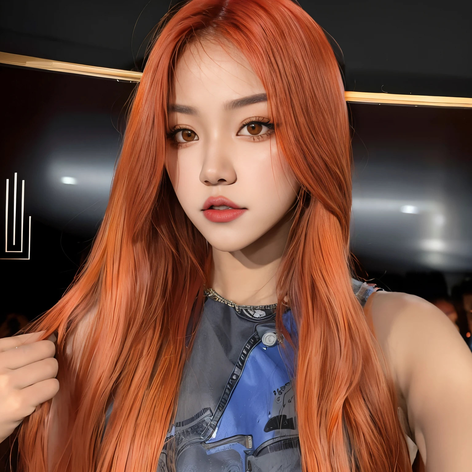 Un primer plano de una mujer con el pelo largo y rojo con un vestido de mezclilla, she has long orange brown hair, Retrato Jisoo Blackpink, Ella tiene el pelo largo redorange, Retrato de Jossi de Blackpink, Jisoo de Blackpink, Jossi de Blackpink, Jisoo de Blackpink, Sun Yunjoo, Parque Roseanne de Blackpink, tzuyu de dos veces, Pelo largo de color naranja, cabello naranja brillante