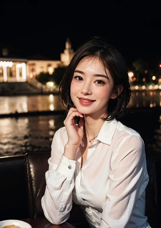(8k, best quality, masterpiece: 1.2), (realistic, photo-realistic: 1.37), ultra-detailed, 1 girl, cute, solo, beautiful detailed sky, detailed cafe, night, sitting, date , (blushing nose), (smile: 1.15), (mouth closed) small breasts, beautiful detailed eyes, (collar shirt: 1.1), night, wet, business attire, rain, white lace, (short hair : 1,2), NovaFrogStyle floating hair,