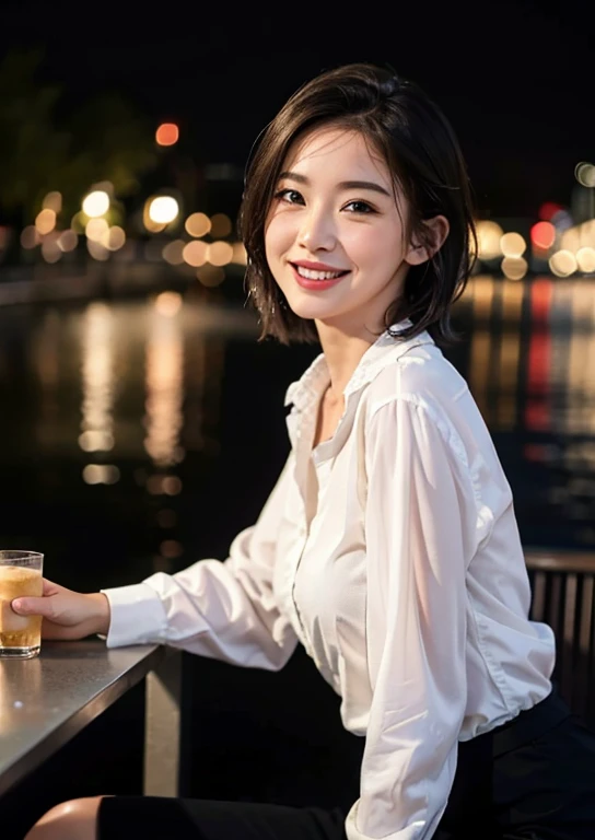 (8k, best quality, masterpiece: 1.2), (realistic, photo-realistic: 1.37), ultra-detailed, 1 girl, cute, solo, beautiful detailed sky, detailed cafe, night, sitting, date , (blushing nose), (smile: 1.15), (mouth closed) small breasts, beautiful detailed eyes, (collar shirt: 1.1), night, wet, business attire, rain, white lace, (short hair : 1,2), NovaFrogStyle floating hair,