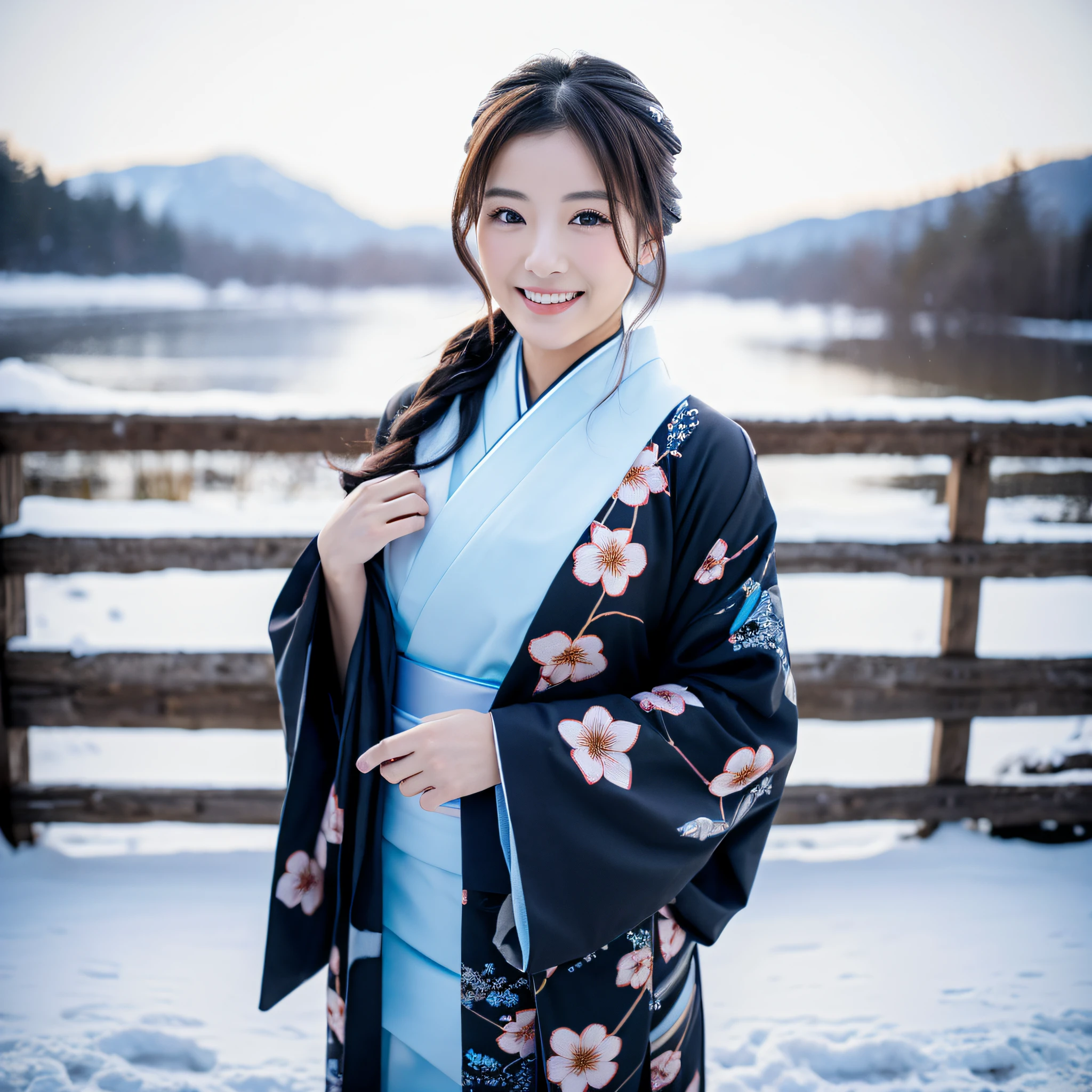 (Super beautiful woman in kimono)、((best qualtiy、8k masterpieces:1.3))、foco nítido:1.2、(ultra beautiful faces:1.0)、(shinny skin:1.0)、photos realistic、A dark-haired、Video Lighting、High-definition eyes and face、Video Lighting、Japanese actressl、from the front side、medium breasts、With a happy smile、Slender Abs Beauty、Whole body、wearing kimonos、In a snowy landscape in the middle of winter、highest grade obi
