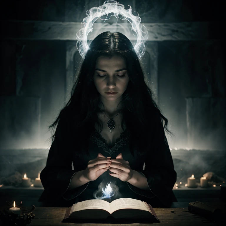 Ghost, mist, Book of shadows, woman, fire, magic, spell, calling forth a spirit