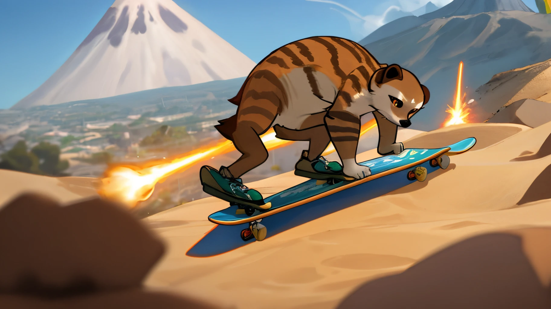 A dope meerkat skateboard in a volcano dodging rocket launchers from Fortnite