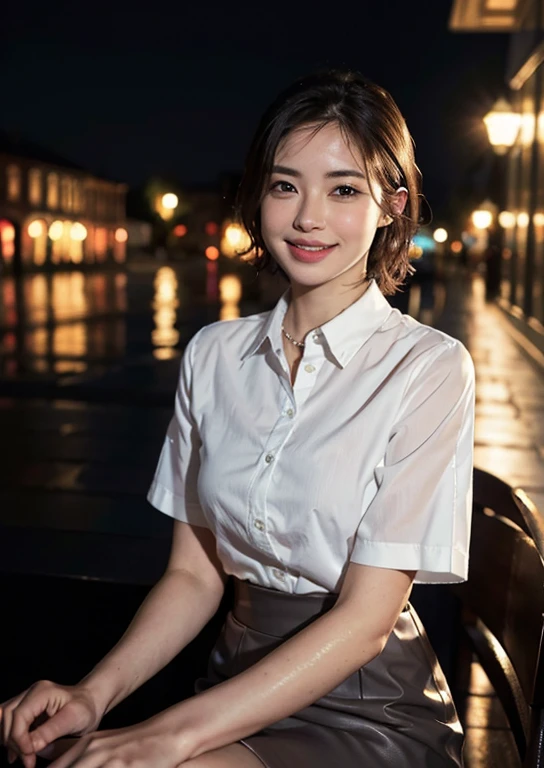 (8k, best quality, masterpiece: 1.2), (realistic, photo-realistic: 1.37), ultra-detailed, 1 girl, cute, solo, beautiful detailed sky, detailed cafe, night, sitting, date , (blushing nose), (smile: 1.15), (mouth closed) small breasts, beautiful detailed eyes, (collar shirt: 1.1), night, wet, business attire, rain, white lace, (short hair : 1,2), NovaFrogStyle floating hair,