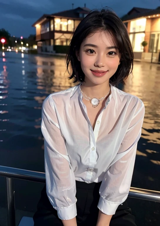(8k, best quality, masterpiece: 1.2), (realistic, photo-realistic: 1.37), ultra-detailed, 1 girl, cute, solo, beautiful detailed sky, detailed cafe, night, sitting, date , (blushing nose), (smile: 1.15), (mouth closed) small breasts, beautiful detailed eyes, (collar shirt: 1.1), night, wet, business attire, rain, white lace, (short hair : 1,2), NovaFrogStyle floating hair,