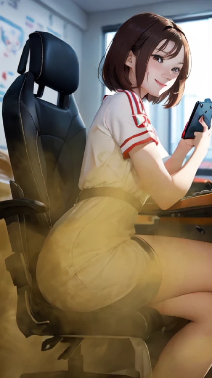 ((velocity)),Attacked by farts, (((Women farting))),(girl farting while seat on seat and playing game on smartphone)),smiled,blushing,velocity,(a female pro player), (wearing a pro player uniform),(sit facing the screen),(her buttt facing the screen) (shorthair brown hair),(Asian woman),(gaming tournament),(masterpiece:1.2、top-quality)、(the Extremely Detailed CG Unity 8K Wallpapers、ultra-detailliert、Best Shadows)、(细致背景)、(The best lighting、extremely delicate and beautiful)、depth of fields、1girl in、独奏、upward looking gaze、