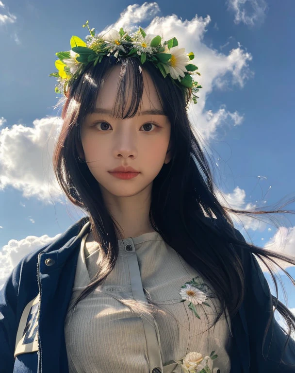 1girl, a young woman, upper body, (looking at viewer:1.3), (schoolgirl jacket), (flower crown), (beautiful city, beautiful sky background), natural skin color, (closed mouth:1.2), (medium breast), floating hair, beautiful expression, face detailed, eyes detailed, iris detailed, masterpiece, best quality, photorealistic, hyper realistic, ultra detailed, perfect lighting, depth of field, shadows, highres,