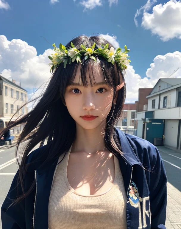 1girl, a young woman, upper body, (looking at viewer:1.3), (schoolgirl jacket), (flower crown), (beautiful city, beautiful sky background), natural skin color, (closed mouth:1.2), (medium breast), floating hair, beautiful expression, face detailed, eyes detailed, iris detailed, masterpiece, best quality, photorealistic, hyper realistic, ultra detailed, perfect lighting, depth of field, shadows, highres,