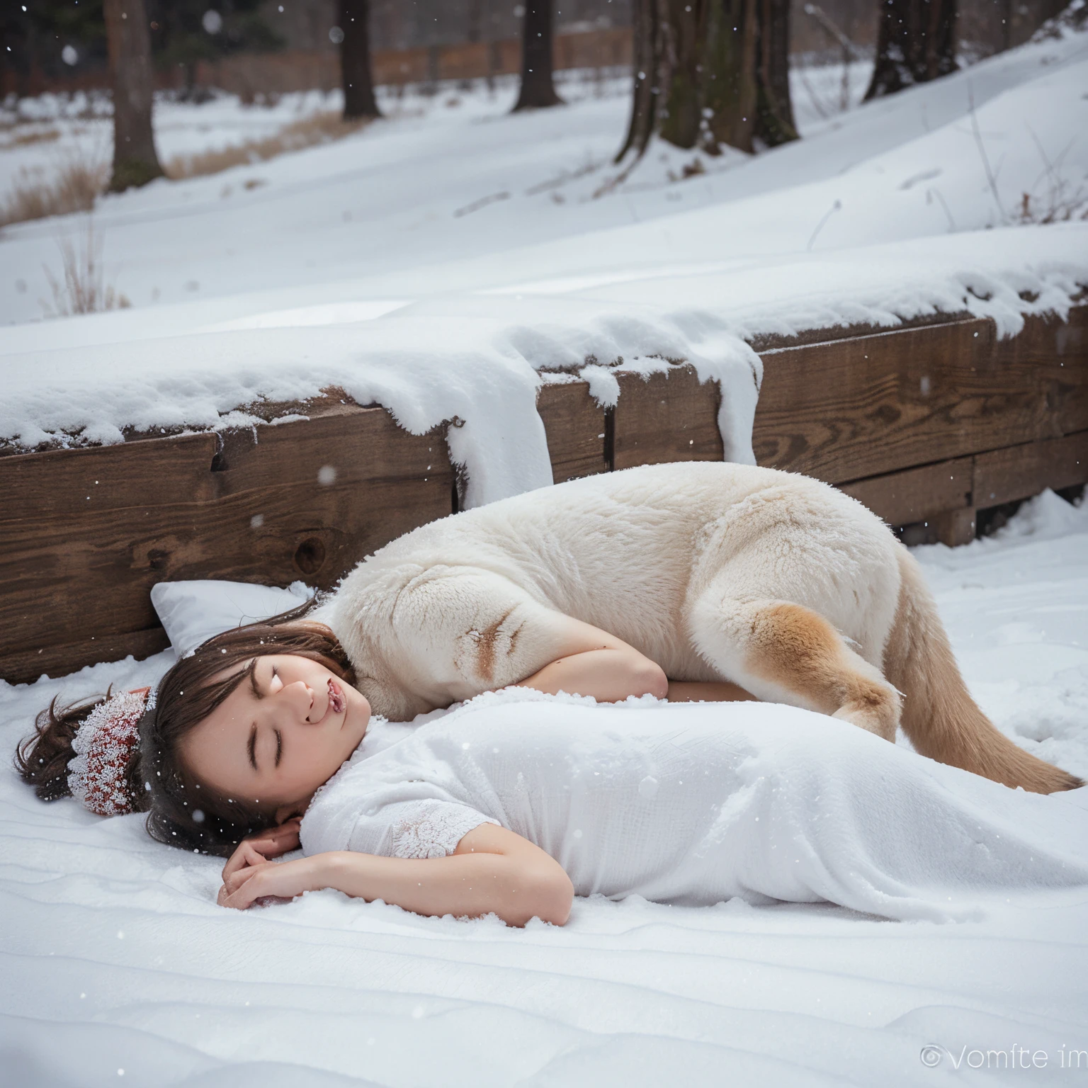 Snowflakes falling down. Two sleeping foxes