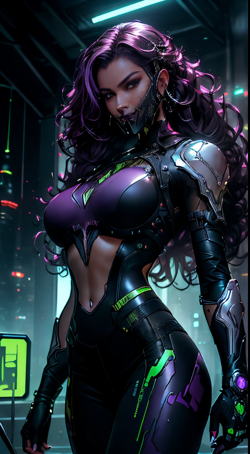 tmasterpiece, beste-Qualit, ciberpunk: Evil Magnificent Goddess, Very large purple eyes, large natural breast, Highly detailed face, Highly detailed eyes, Symmetrical Face, Very Very Long Purple Hair, Hair Jewelry, Cyber Jaw, (fangs:1.2), Lower angle, is looking at the camera, faint smile, shapely body, shapely thighs, 1/2 body crop, hyper realistic, dynamicpose, (photorealestic:1.4), (intricate detials:0.9), cyberpunk 2077, dramatic lighting, photo realism, Ultra Detailed, cienatic look, Soothing tones, Contour illumination,