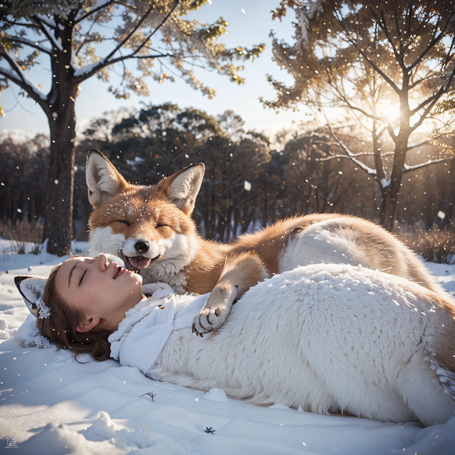 Snowflakes falling down. Two sleeping foxes