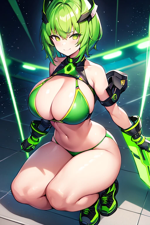 1girl, large breasts, breasts, thick thighs, wide hips, green hair, very short hair, short hair, yellow eyes, bikini, black bikini, neon trim, green neon trim, smile, smirk, smug, futuristic, science-fiction, tech, shoes, sneakers, green neon trim, green trim, v-string, morotcycle, motor vehicle