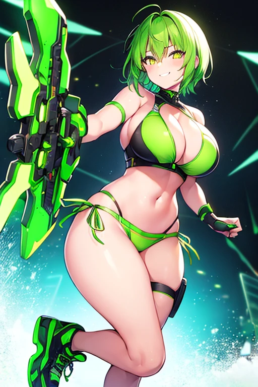 1girl, large breasts, breasts, thick thighs, wide hips, green hair, very short hair, short hair, yellow eyes, bikini, black bikini, neon trim, green neon trim, smile, smirk, smug, futuristic, science-fiction, tech, shoes, sneakers, green neon trim, green trim, v-string, morotcycle, motor vehicle