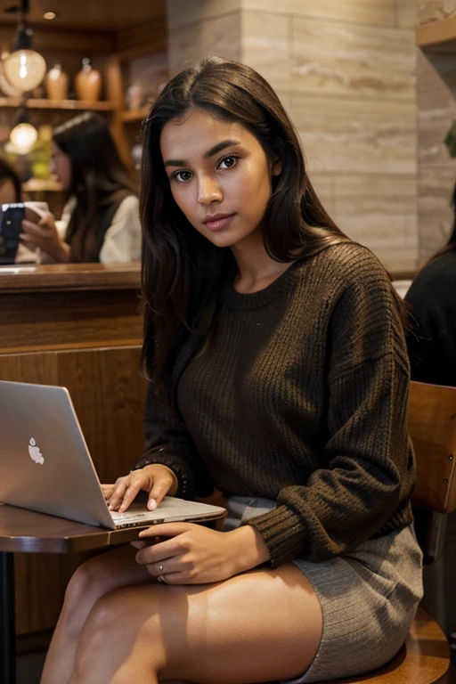 realistic image of brown beautiful girl, wearing classy sweater outfit, Sitting in a Starbucks with a laptop in front of her, realistic photography, perfect figure, photorealistic, long black hairs,photorealistic, skin tone