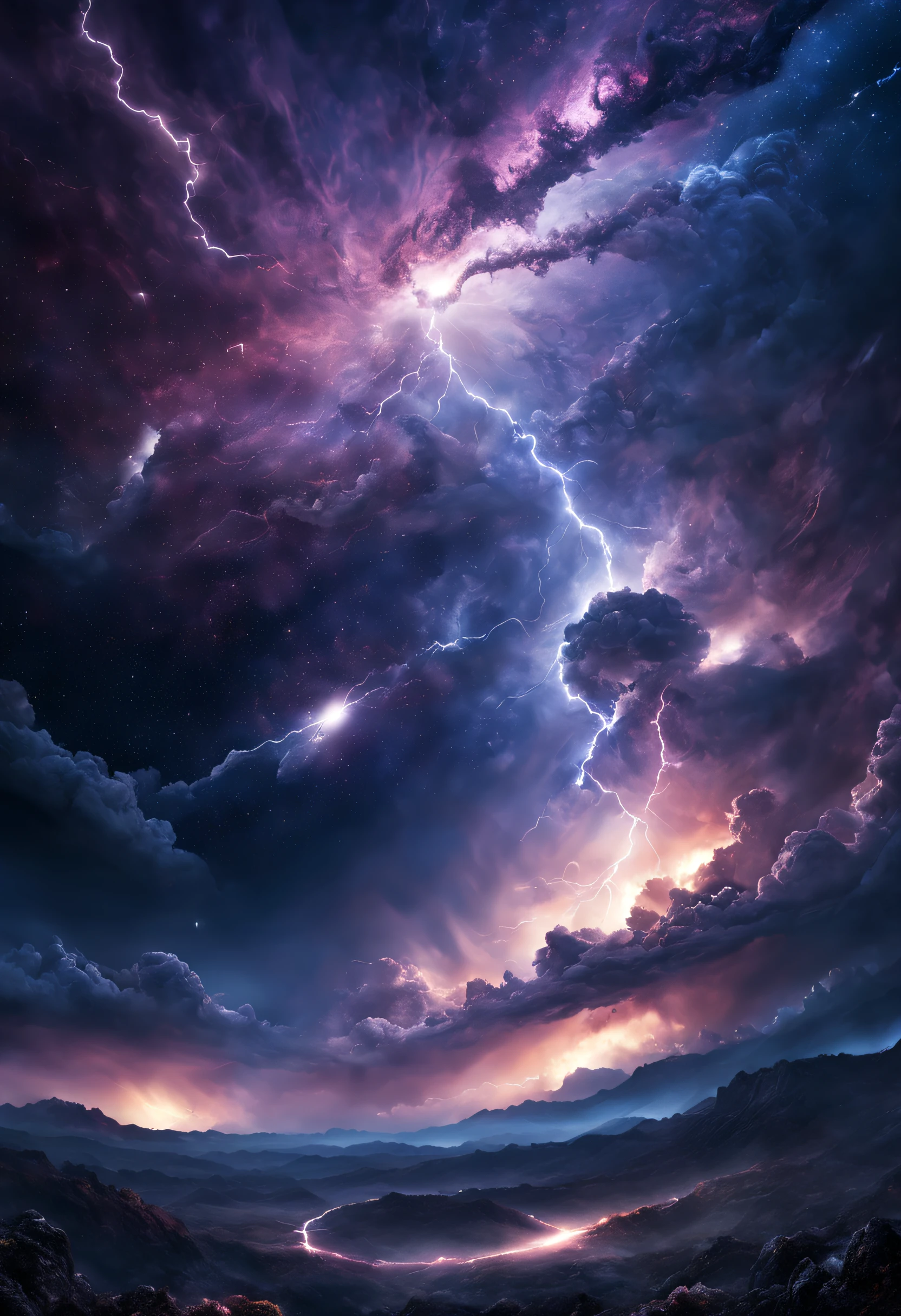 A beautiful, detailed, textured magnificent galaxy with dreaming clouds of stardust and a planet a little further away, and a lightning storm