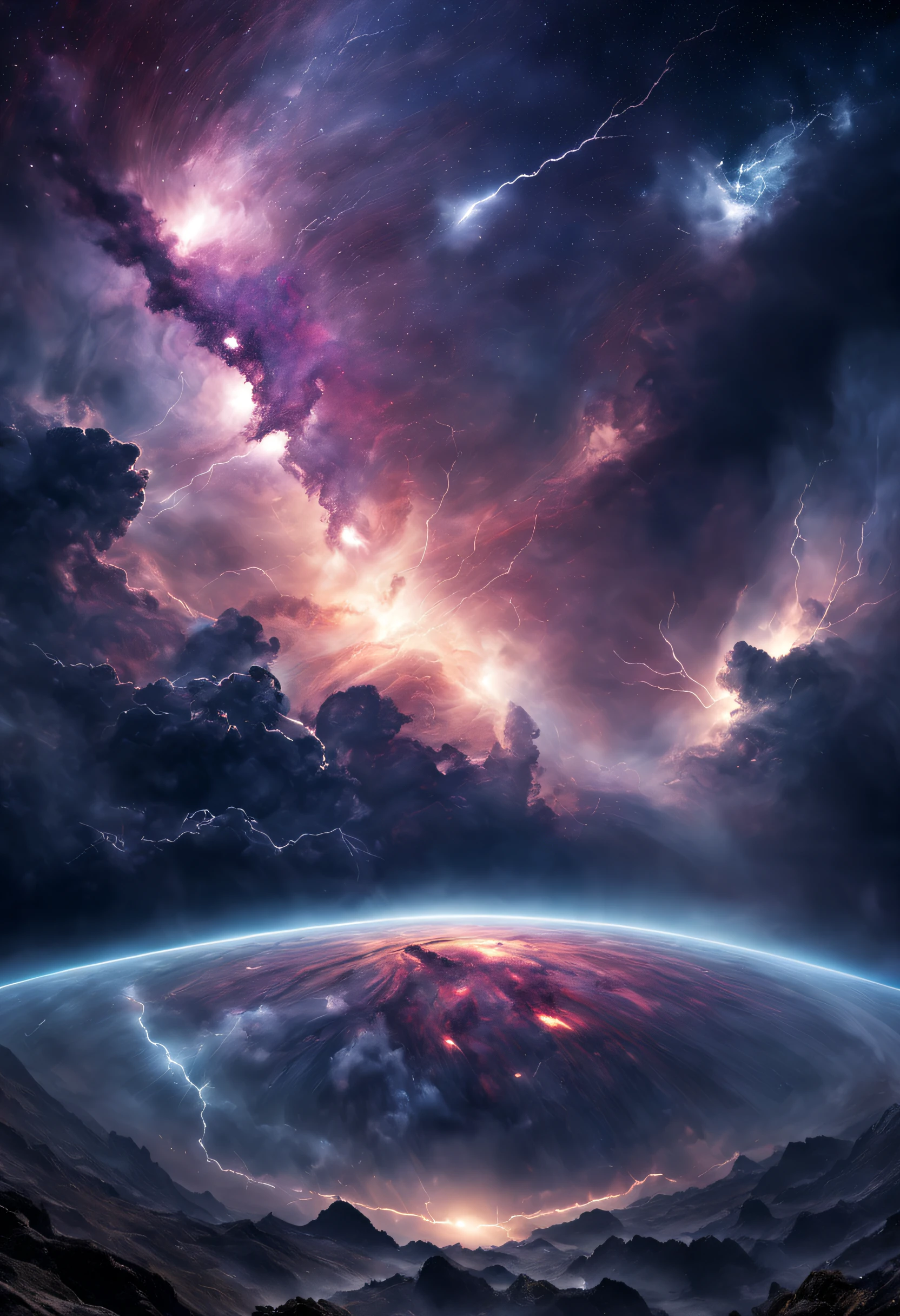 A beautiful, detailed, textured magnificent galaxy with dreaming clouds of stardust and a planet a little further away, and a lightning storm