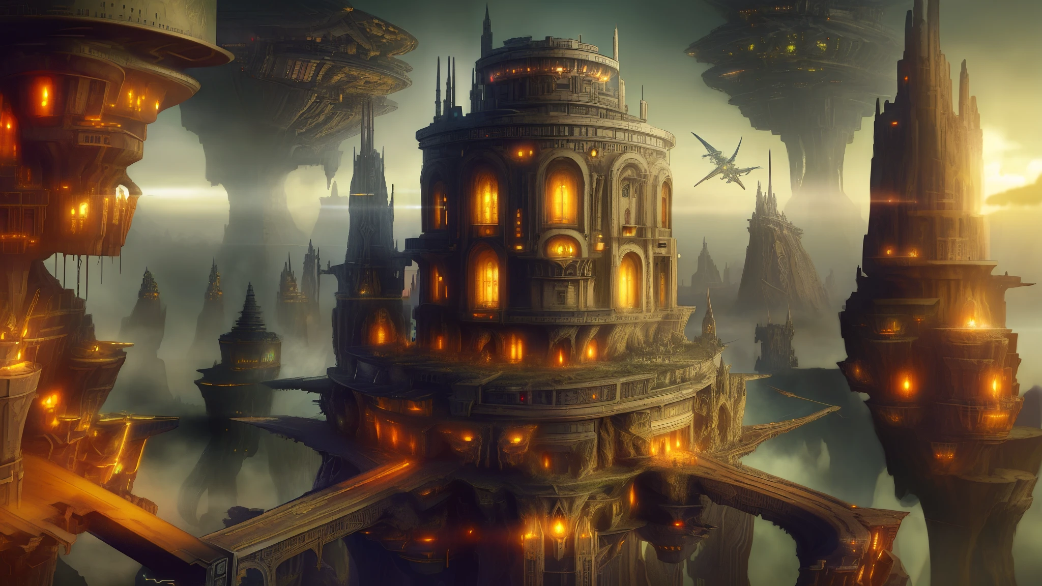 Futuristic city with airplanes flying in the night sky, epic fantasy sci fi illustration, symmetrical spectacular fantasy art, Fantasy architecture, in fantasy sci - fi city, 4K highly detailed digital art, Large and structured Valhalla City, epic scifi fantasy art, ancient steampunk city, ancient sci - fi city, huge futuristic temple city, detailed fantasy digital art