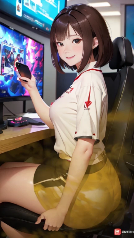 ((velocity)),Attacked by farts, (((Women farting))),(girl farting while seat on seat and playing game on smartphone)),smiled,blushing,velocity,(a female pro player), (wearing a pro player uniform),(sit facing the screen),(her buttt facing the screen) (shorthair brown hair),(Asian woman),(gaming tournament),(masterpiece:1.2、top-quality)、(the Extremely Detailed CG Unity 8K Wallpapers、ultra-detailliert、Best Shadows)、(细致背景)、(The best lighting、extremely delicate and beautiful)、depth of fields、1girl in、独奏、upward looking gaze、