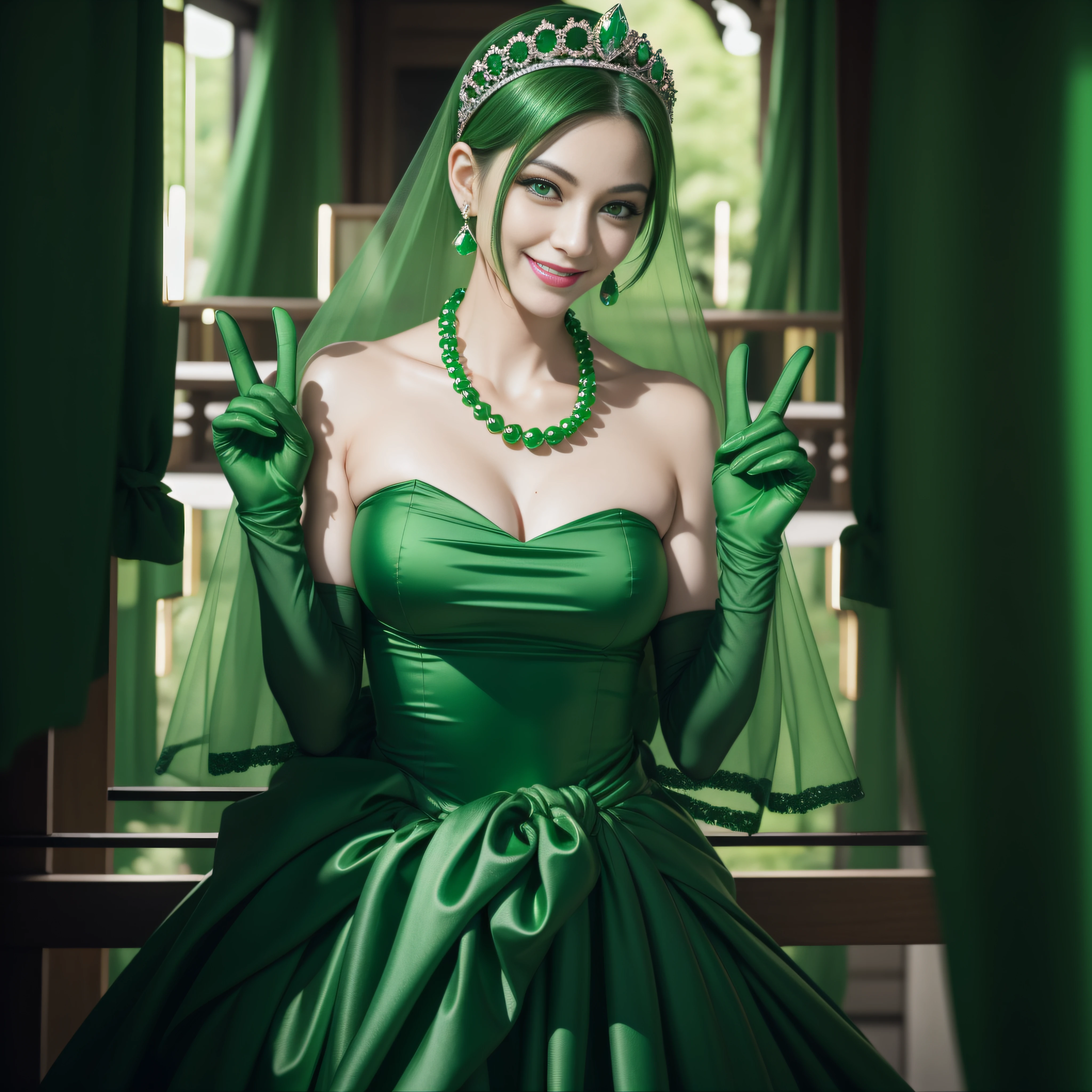 emerald tiara, Green Pearl Necklace, Boyish very short green hair, lipsticks, Japan woman smiling, very short short hair, big breasts beautiful, Green eyes, Long green gloves made of satin material, Green eyes, Emerald Earrings, green vale, v sign
