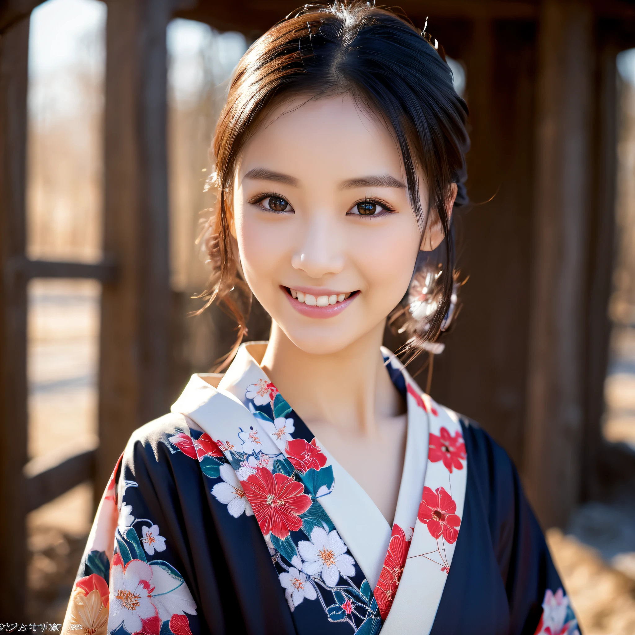 (Super beautiful woman in kimono)、((best qualtiy、8k masterpieces:1.3))、foco nítido:1.2、(ultra beautiful faces:1.0)、(shinny skin:1.0)、photos realistic、A dark-haired、Video Lighting、High-definition eyes and face、Video Lighting、Japanese actressl、from the front side、medium breasts、With a happy smile、Slender Abs Beauty、Whole body、wearing kimonos、In a snowy landscape in the middle of winter、highest grade obi