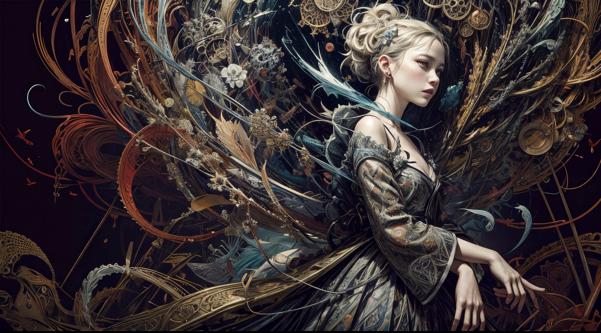 official art, unity 8k wallpaper, ultra detailed, beautiful and aesthetic, masterpiece, best quality, (zentangle, mandala, tangle, entangle), (fractal art:1.3) , 1girl, extremely detailed, dynamic angle, cowboyshot, the most beautiful form of chaos, elegant, a brutalist designed, vivid colours, romanticism, by james jean, roby dwi antono, ross tran, francis bacon, michal mraz, adrian ghenie, petra cortright, gerhard richter, takato yamamoto, ashley wood, atmospheric, ecstasy of musical notes, streaming musical notes visible