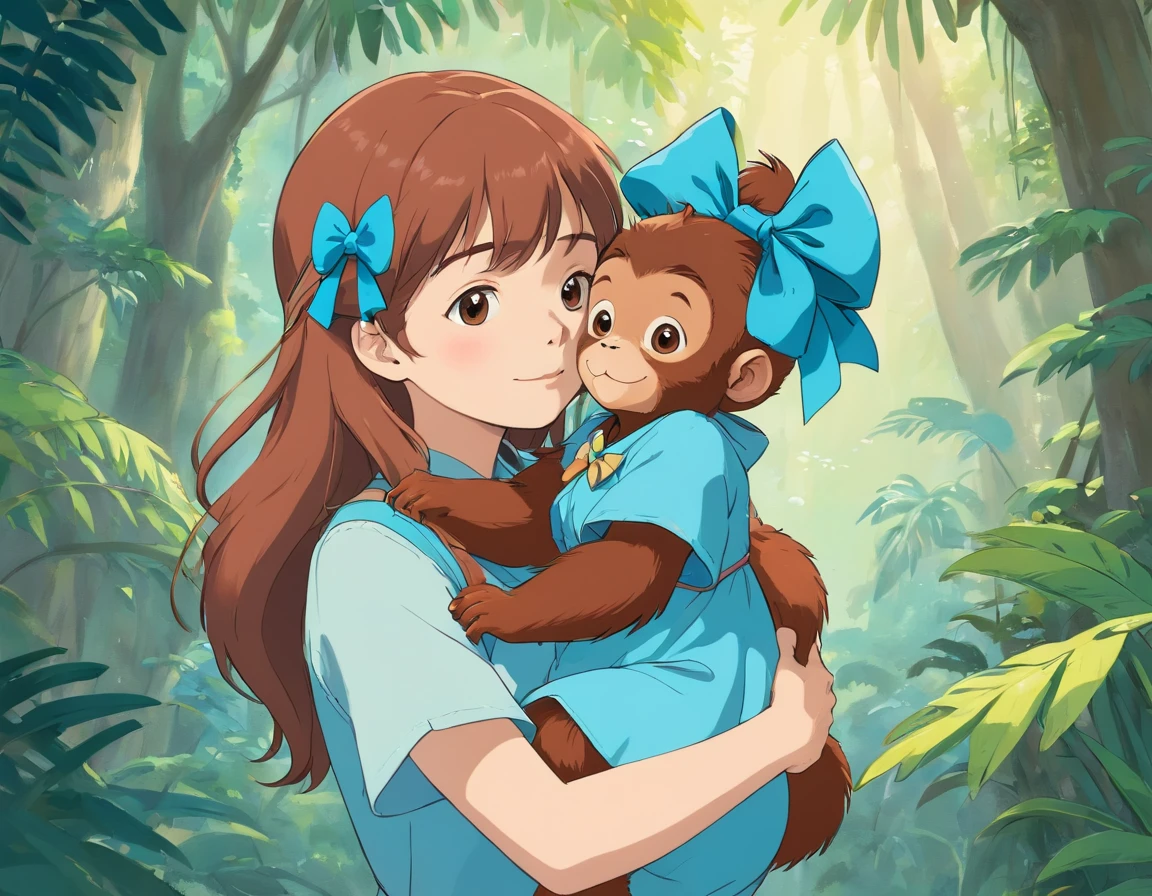A young girl with a bright blue bow in her hair, holding a baby orangutan in her arms. The illustration is done in soft pastel colors, giving it a whimsical and cute feel. The girl has a cool and confident expression, as she stands surrounded by a lush jungle background. The baby orangutan is also wearing a tiny bow, matching the girl's. The overall vibe is heartwarming and endearing, perfect for a children's book or illustration.
