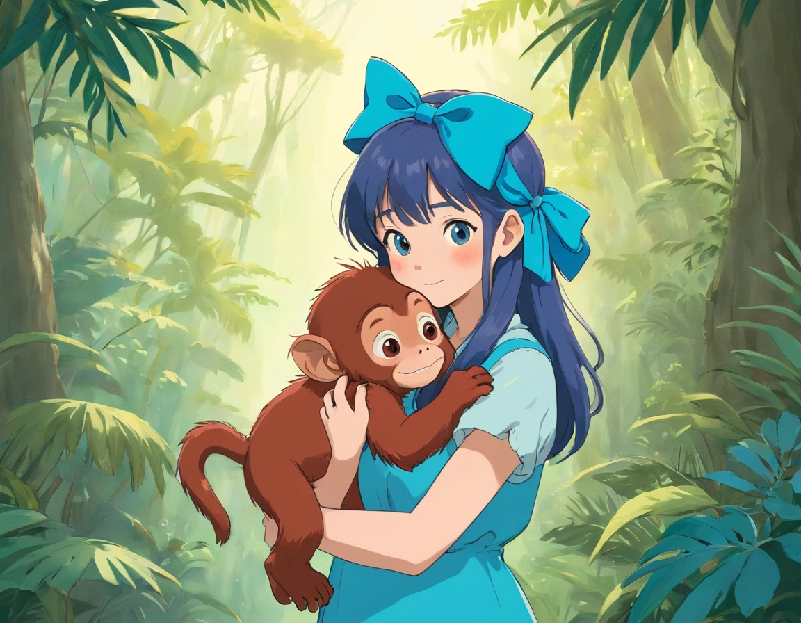 A young girl with a bright blue bow in her hair, holding a  orangutan in her arms. The illustration is done in soft pastel colors, giving it a whimsical and cute feel. The girl has a cool and confident expression, as she stands surrounded by a lush jungle background. The babyngutan is also wearing a tiny bow, matching the girl's. The overall vibe is heartwarming and endearing, perfect for a children's book or illustration.